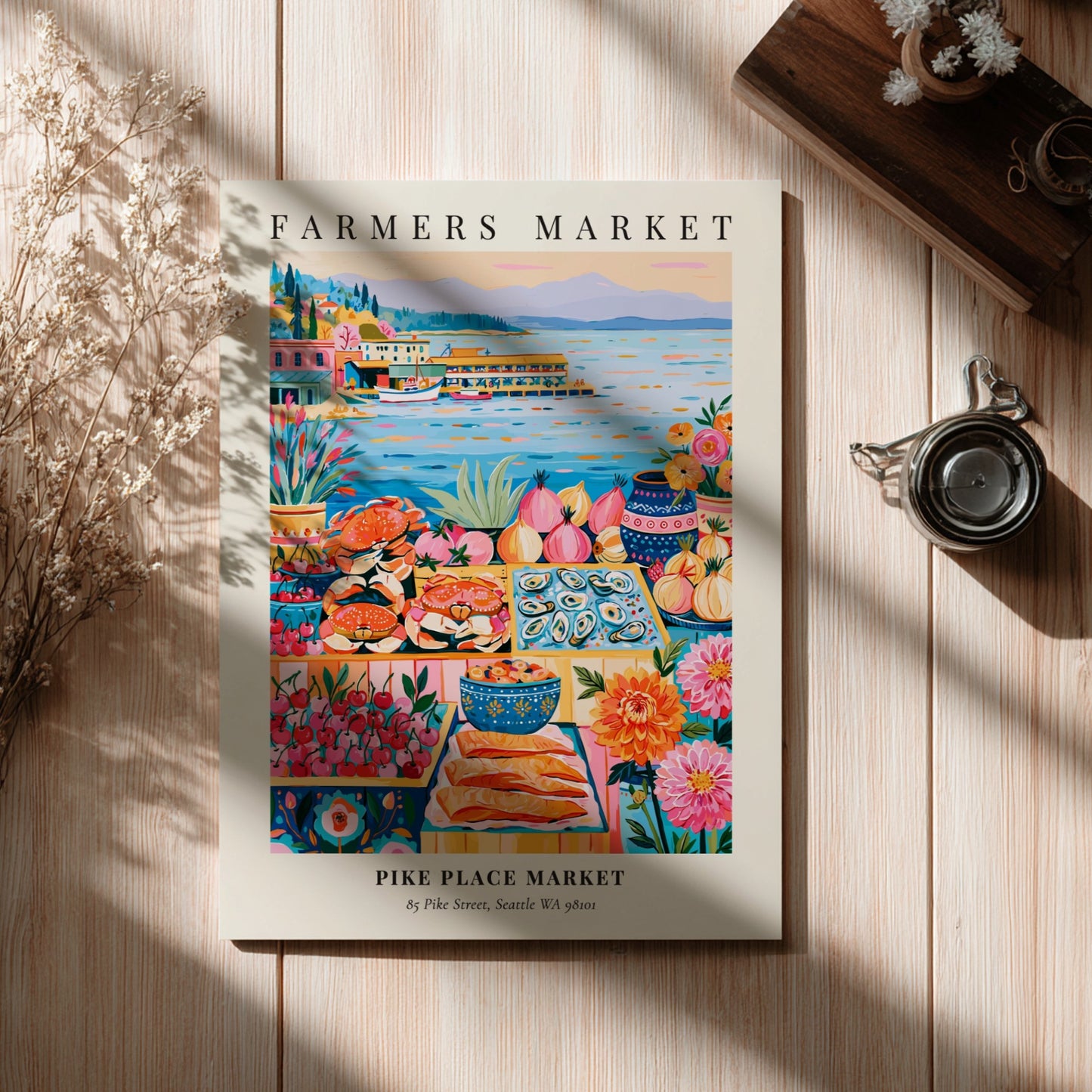 Pike Place Market poster featuring vibrant colors and fresh produce in a lively farmers market scene