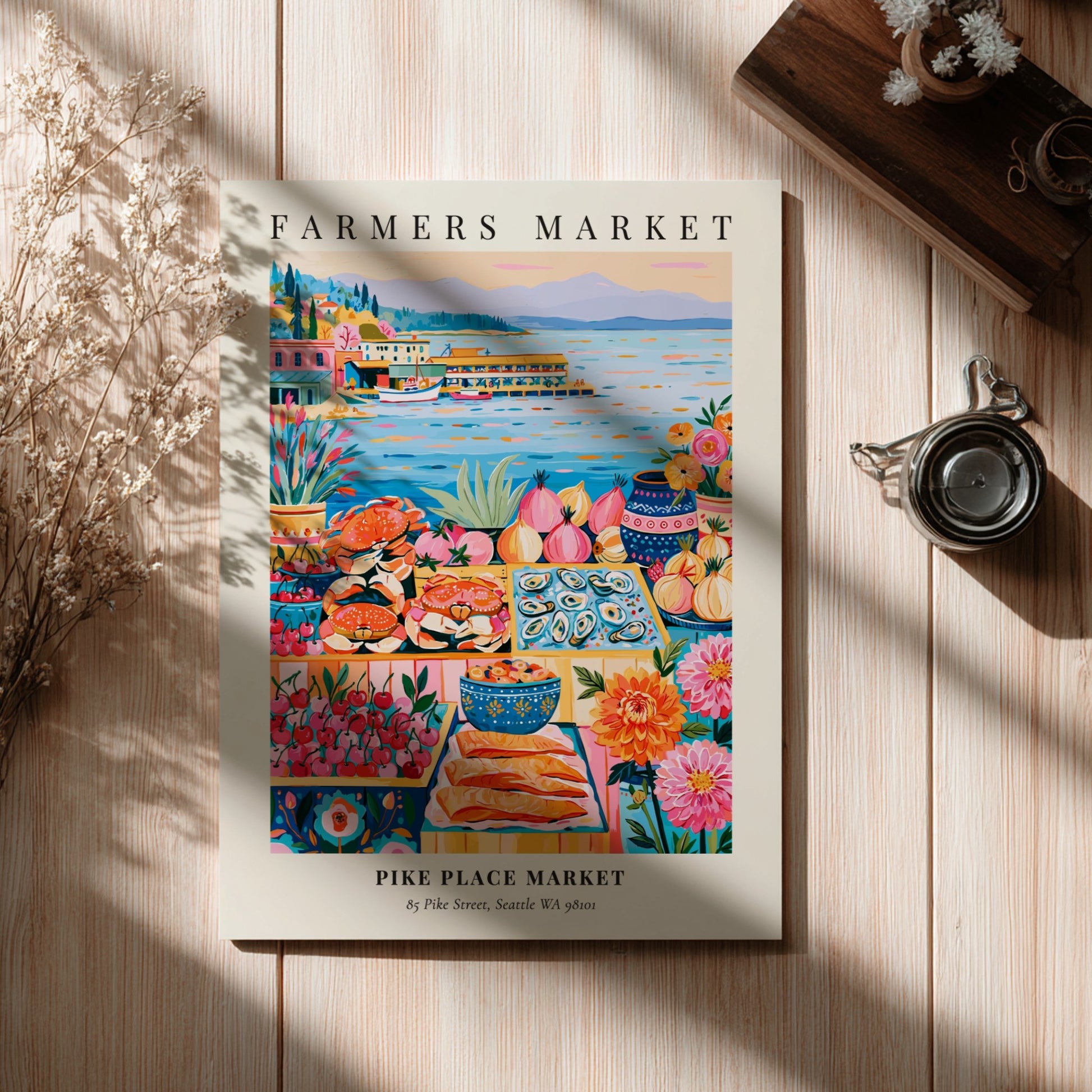 Pike Place Market poster featuring vibrant colors and fresh produce in a lively farmers market scene