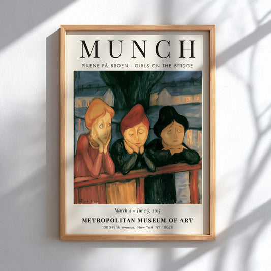 Edvard Munch poster featuring three women on a bridge in warm colors