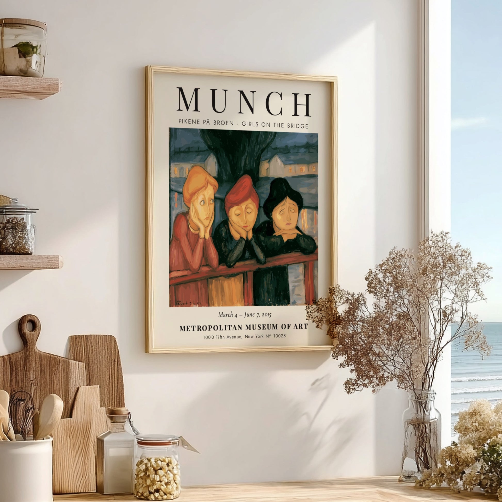 Edvard Munch poster featuring three women on a bridge in warm colors