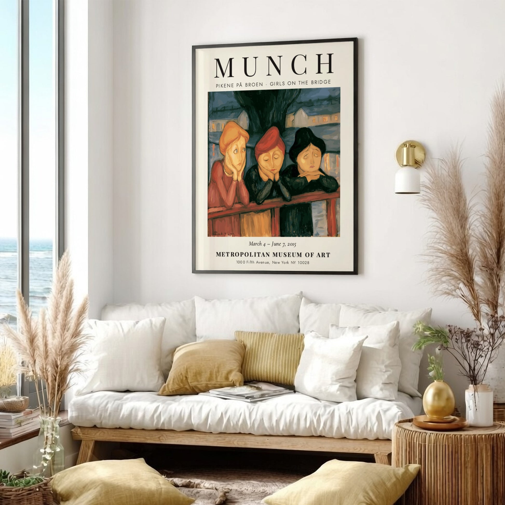Edvard Munch poster featuring three women on a bridge in warm colors
