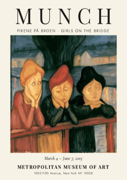 Edvard Munch poster featuring three women on a bridge in warm colors