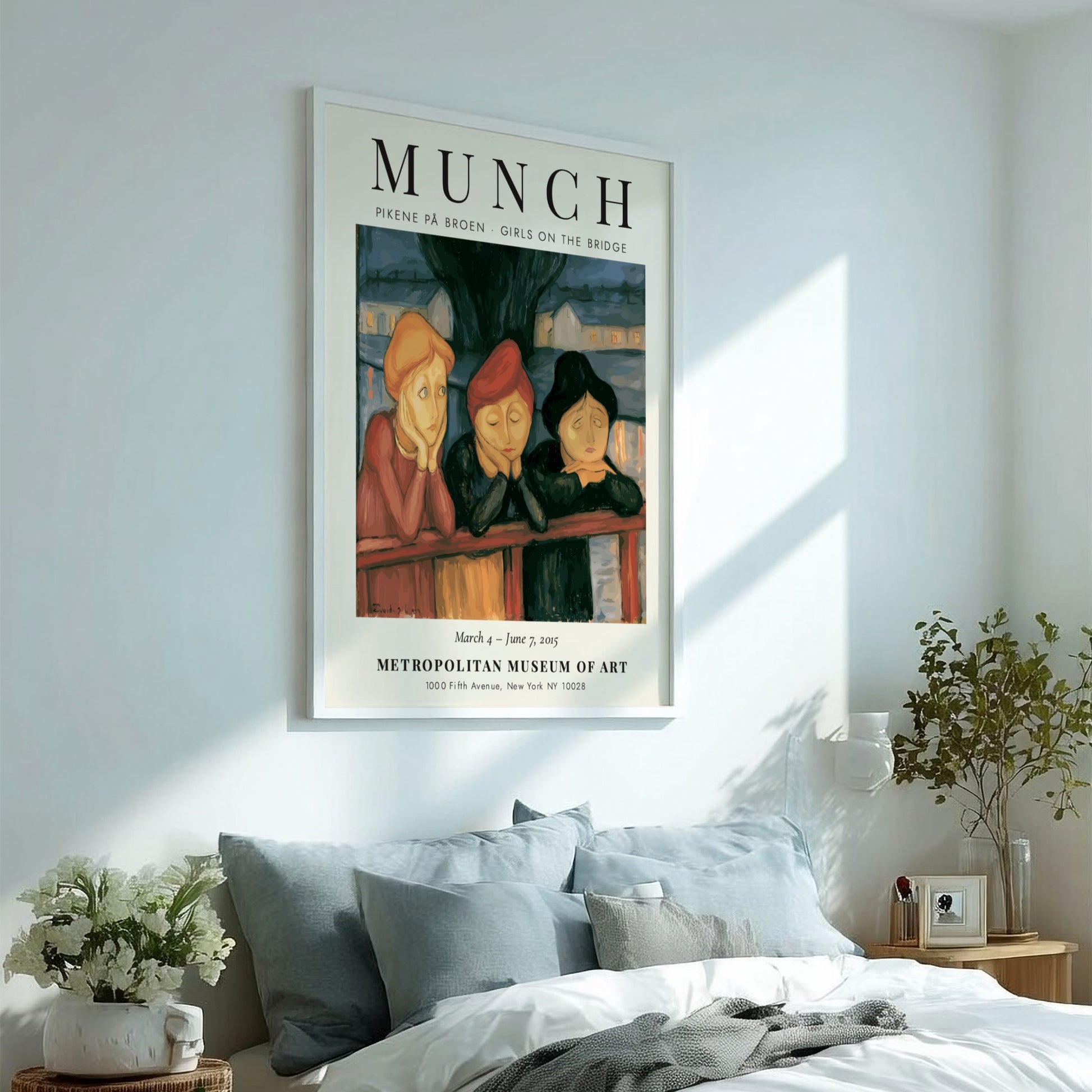 Edvard Munch poster featuring three women on a bridge in warm colors