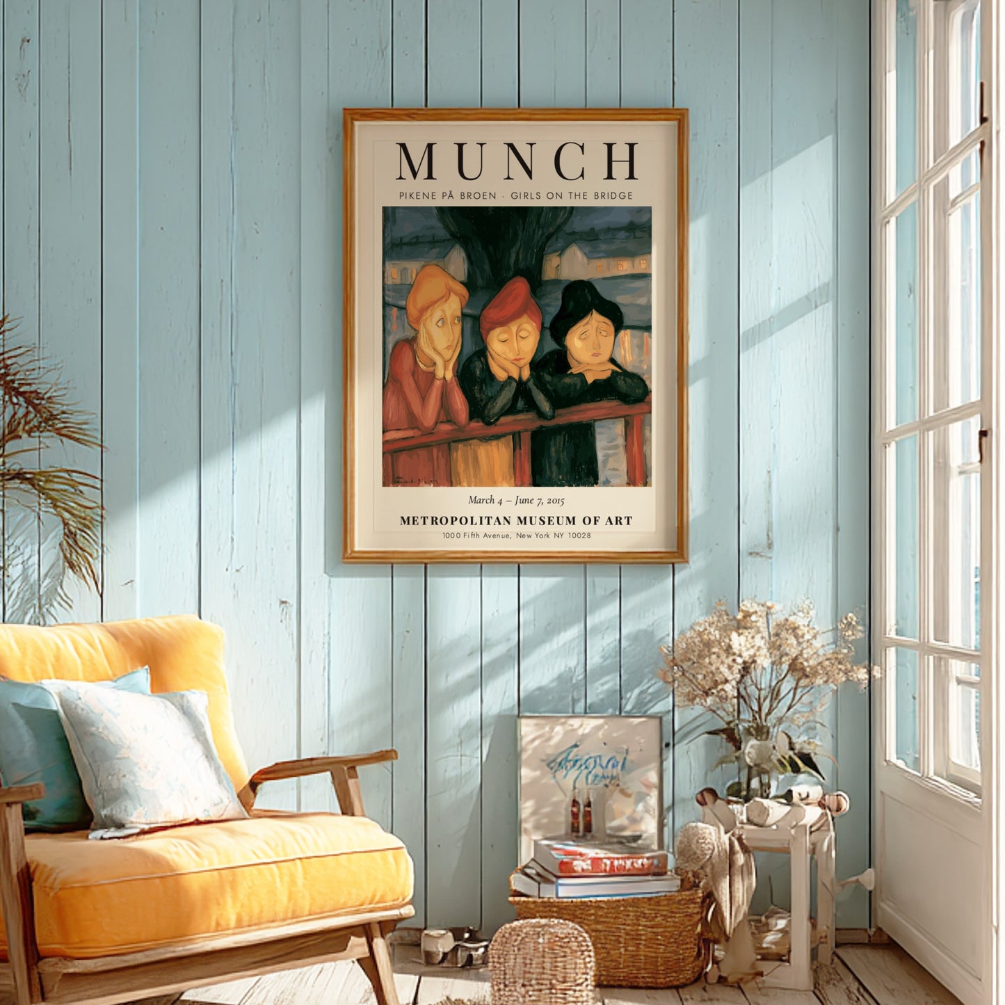Edvard Munch poster featuring three women on a bridge in warm colors