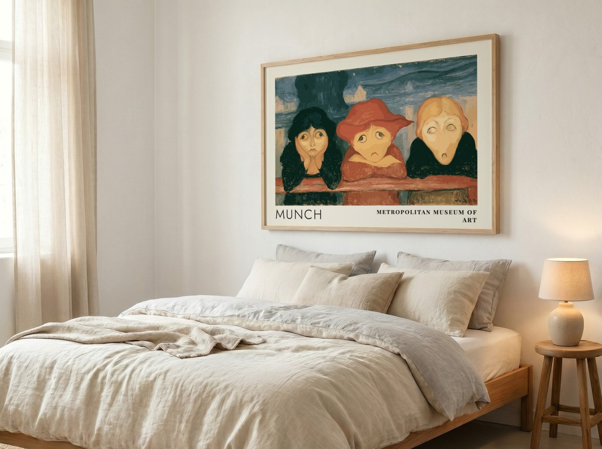 Museum exhibition poster featuring three girls leaning on a bridge by Edvard Munch