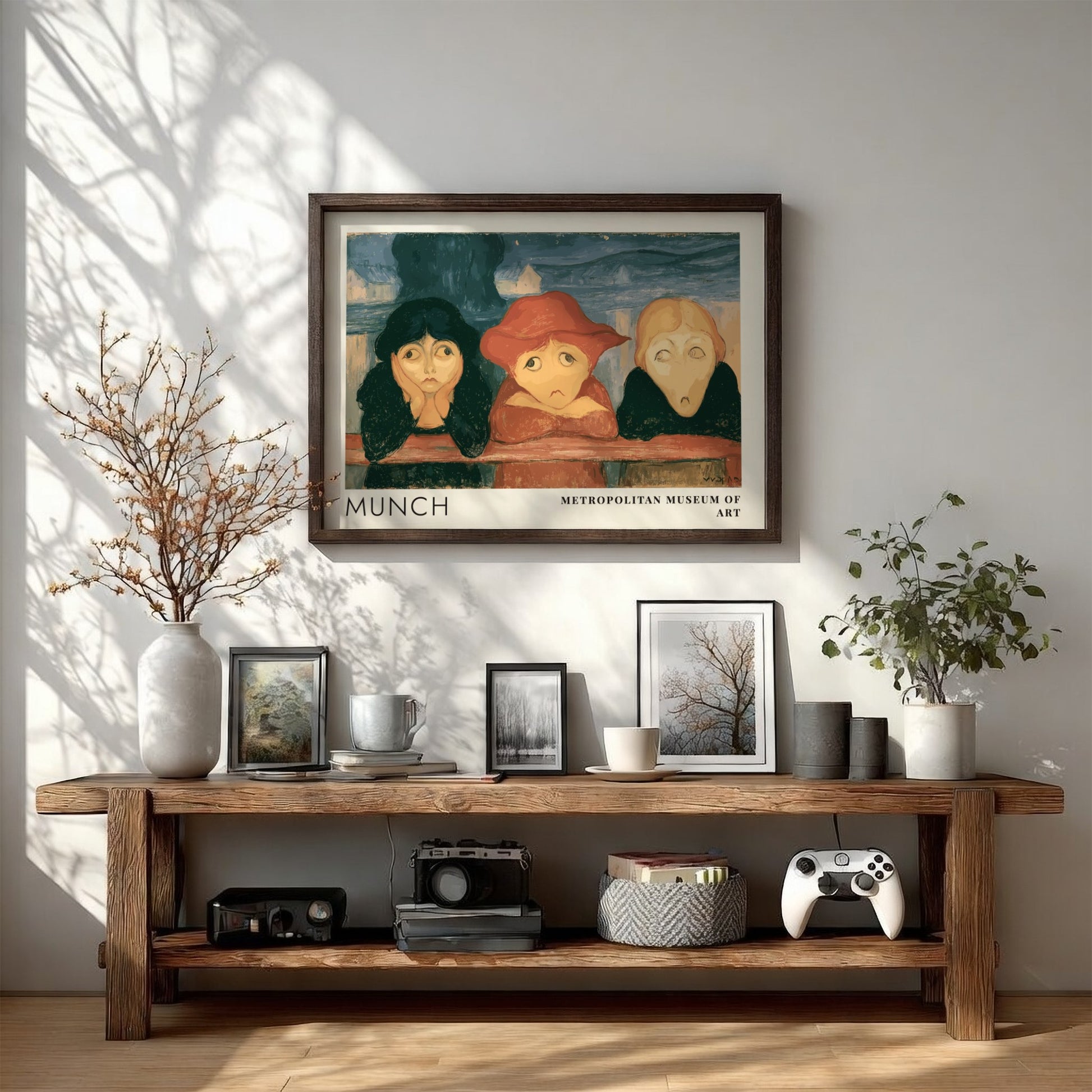 Museum exhibition poster featuring three girls leaning on a bridge by Edvard Munch