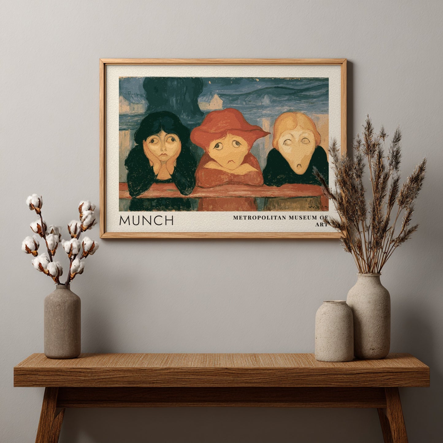 Museum exhibition poster featuring three girls leaning on a bridge by Edvard Munch