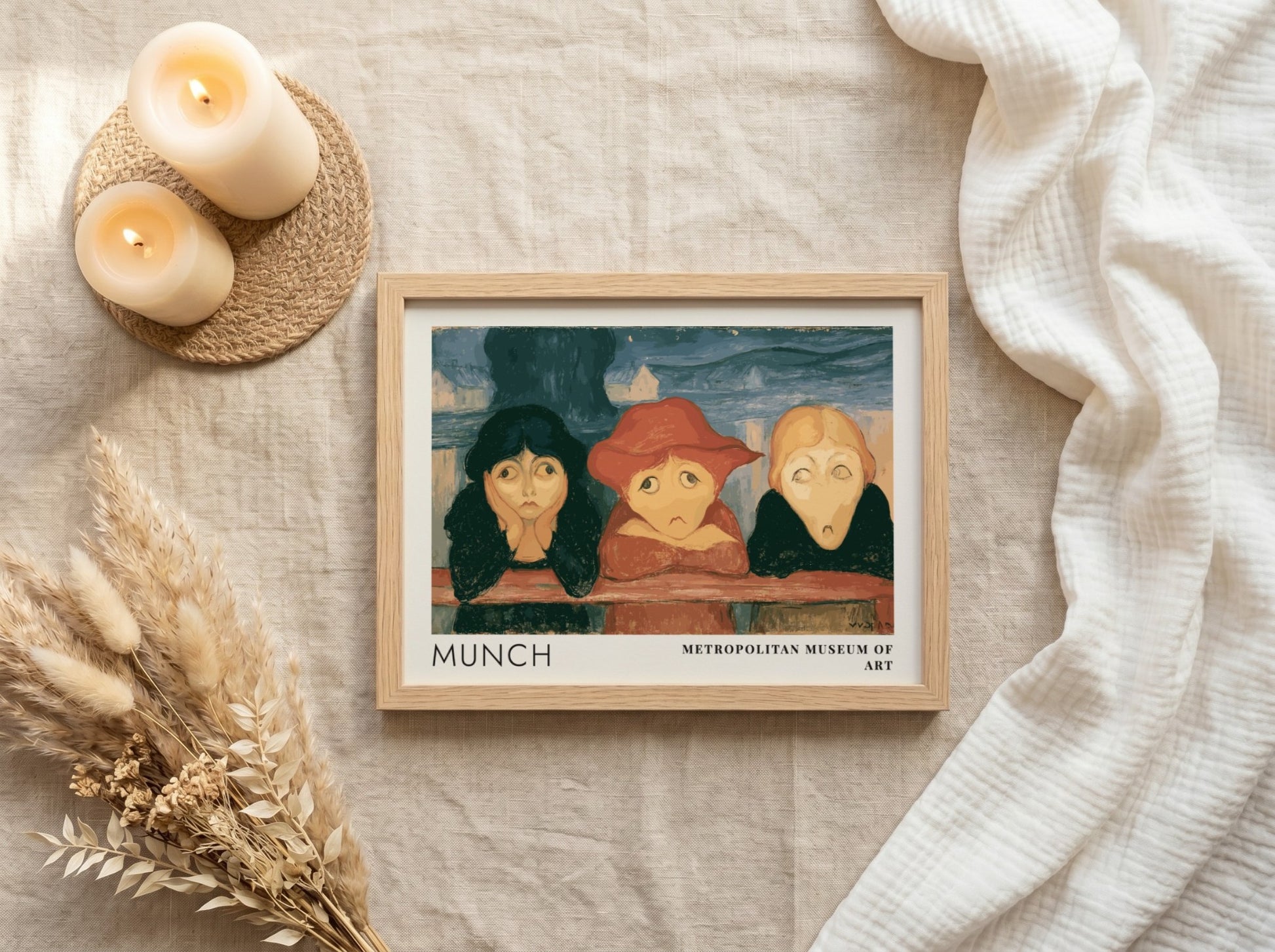 Museum exhibition poster featuring three girls leaning on a bridge by Edvard Munch