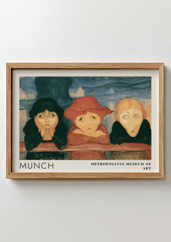 Museum exhibition poster featuring three girls leaning on a bridge by Edvard Munch