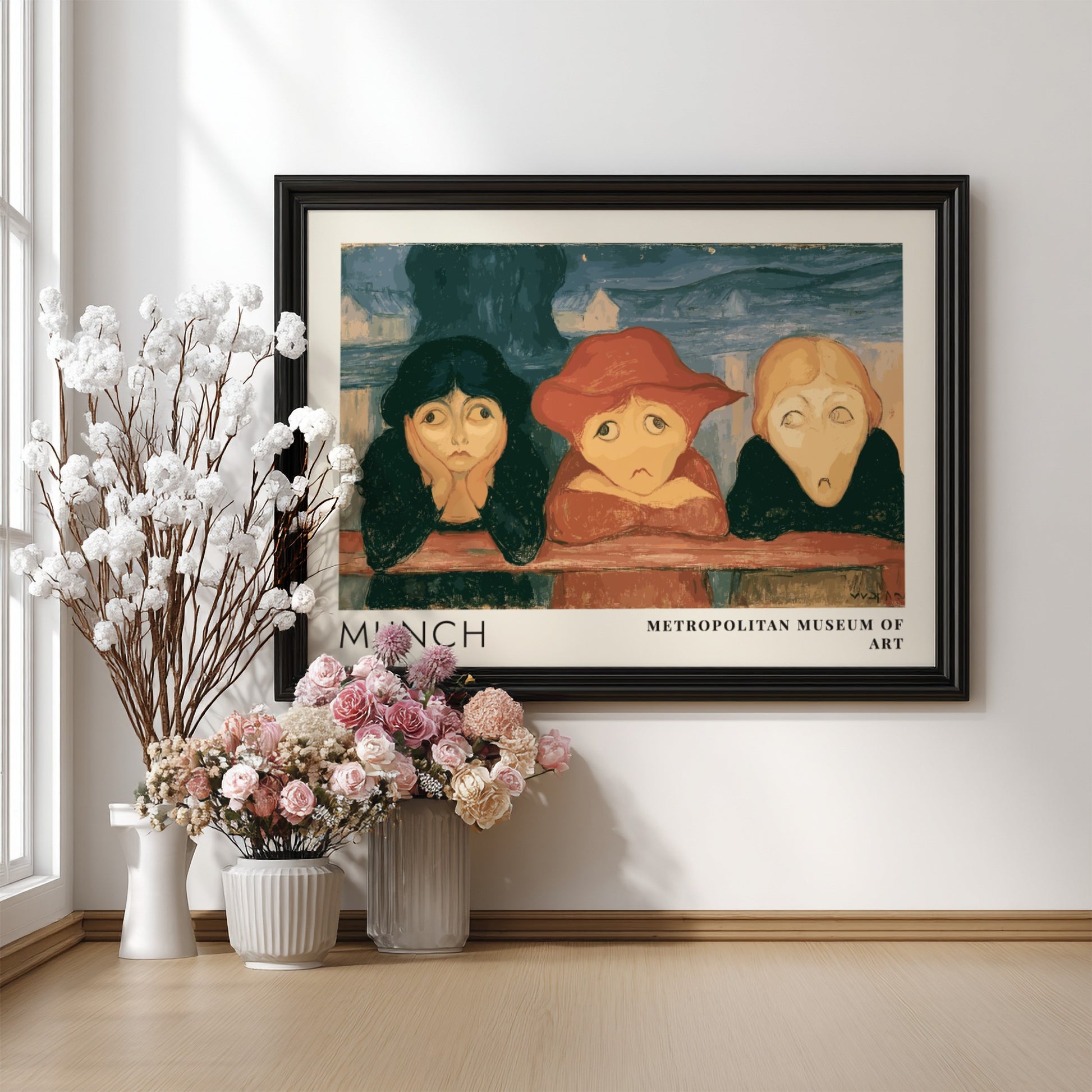 Museum exhibition poster featuring three girls leaning on a bridge by Edvard Munch