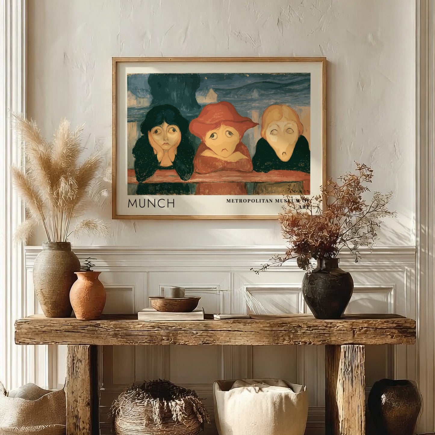 Museum exhibition poster featuring three girls leaning on a bridge by Edvard Munch
