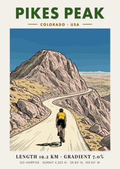 Poster featuring a cyclist climbing the winding Pikes Peak road in Colorado mountains