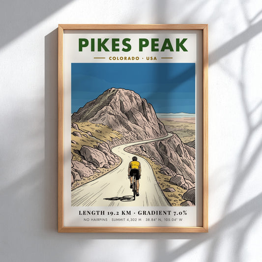 Poster featuring a cyclist climbing the winding Pikes Peak road in Colorado mountains