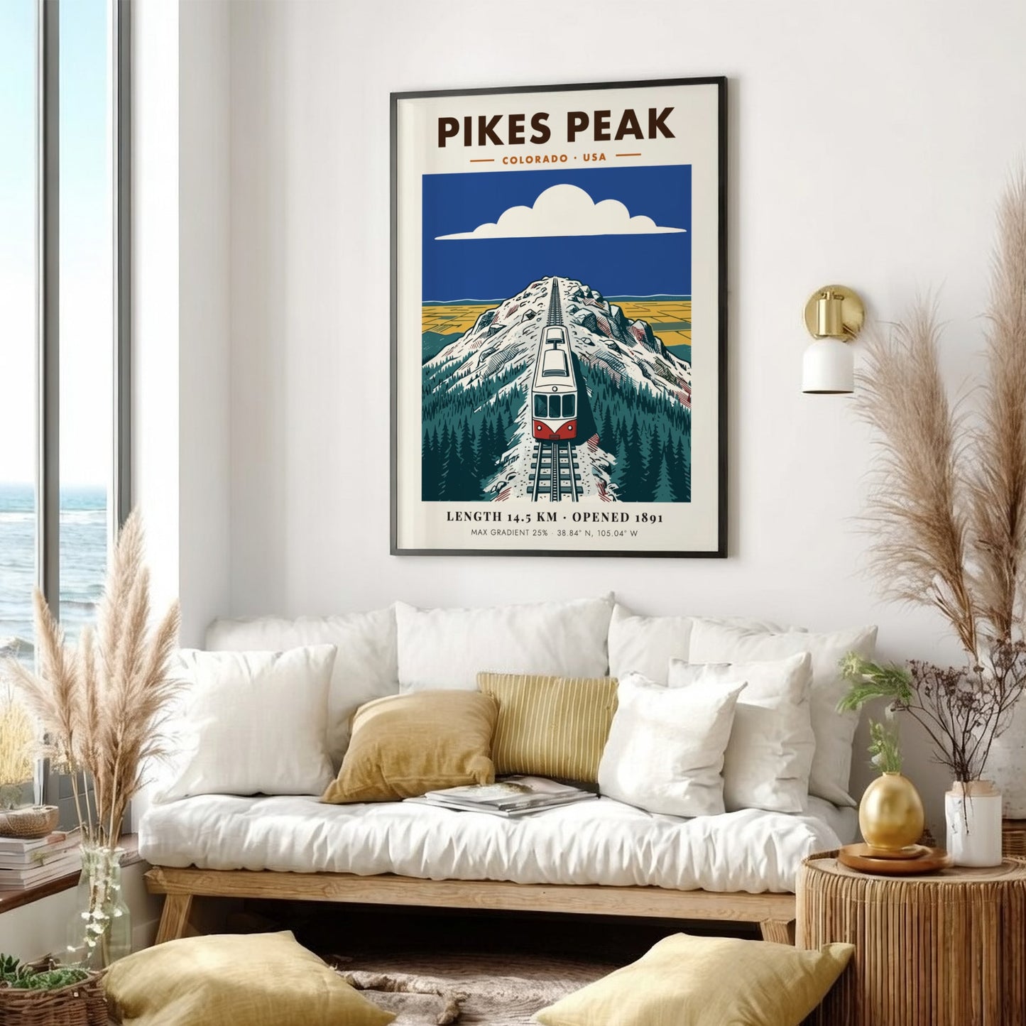 Poster of a red and white cog train ascending the snowy Pikes Peak mountain.
