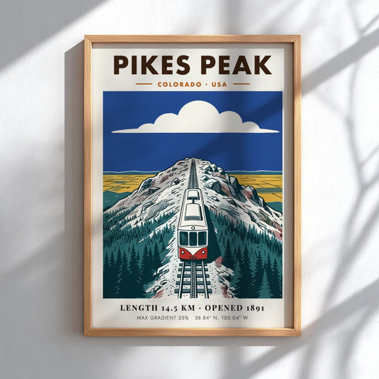 Poster of a red and white cog train ascending the snowy Pikes Peak mountain.