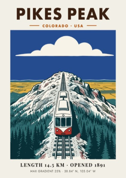 Poster of a red and white cog train ascending the snowy Pikes Peak mountain.