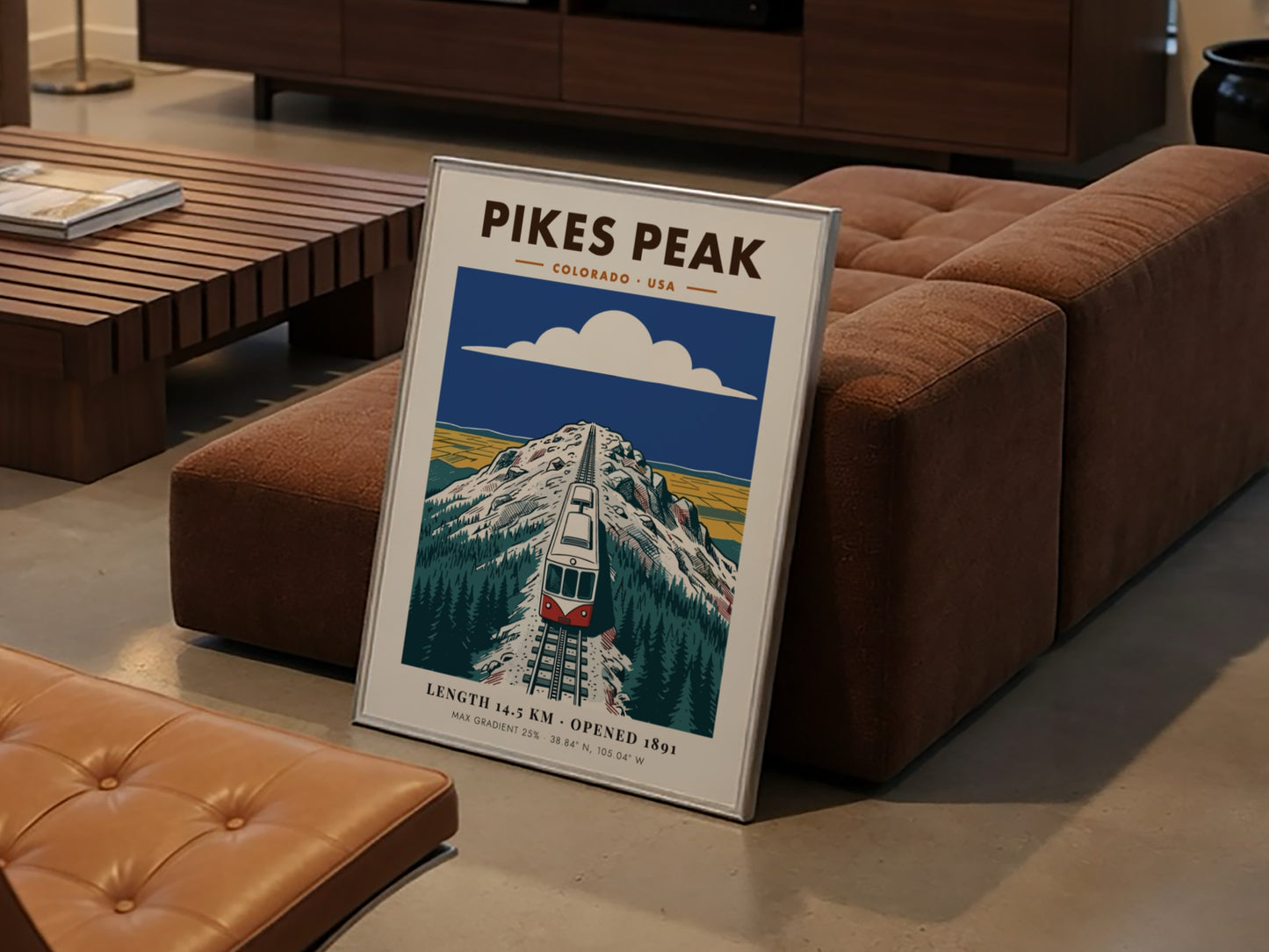 Poster of a red and white cog train ascending the snowy Pikes Peak mountain.