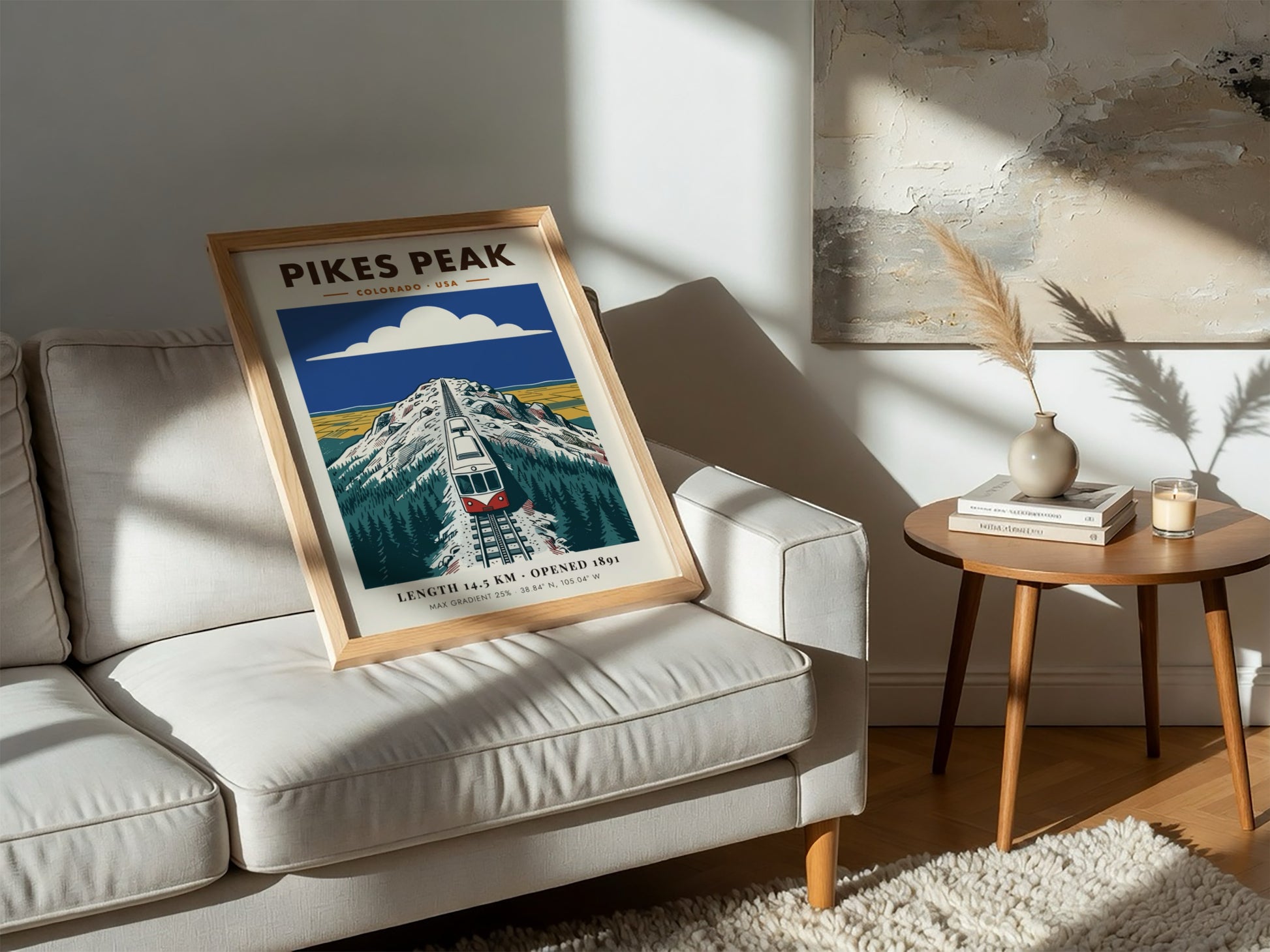 Poster of a red and white cog train ascending the snowy Pikes Peak mountain.