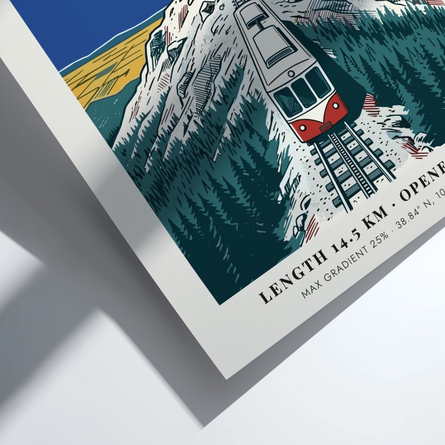 Poster of a red and white cog train ascending the snowy Pikes Peak mountain.