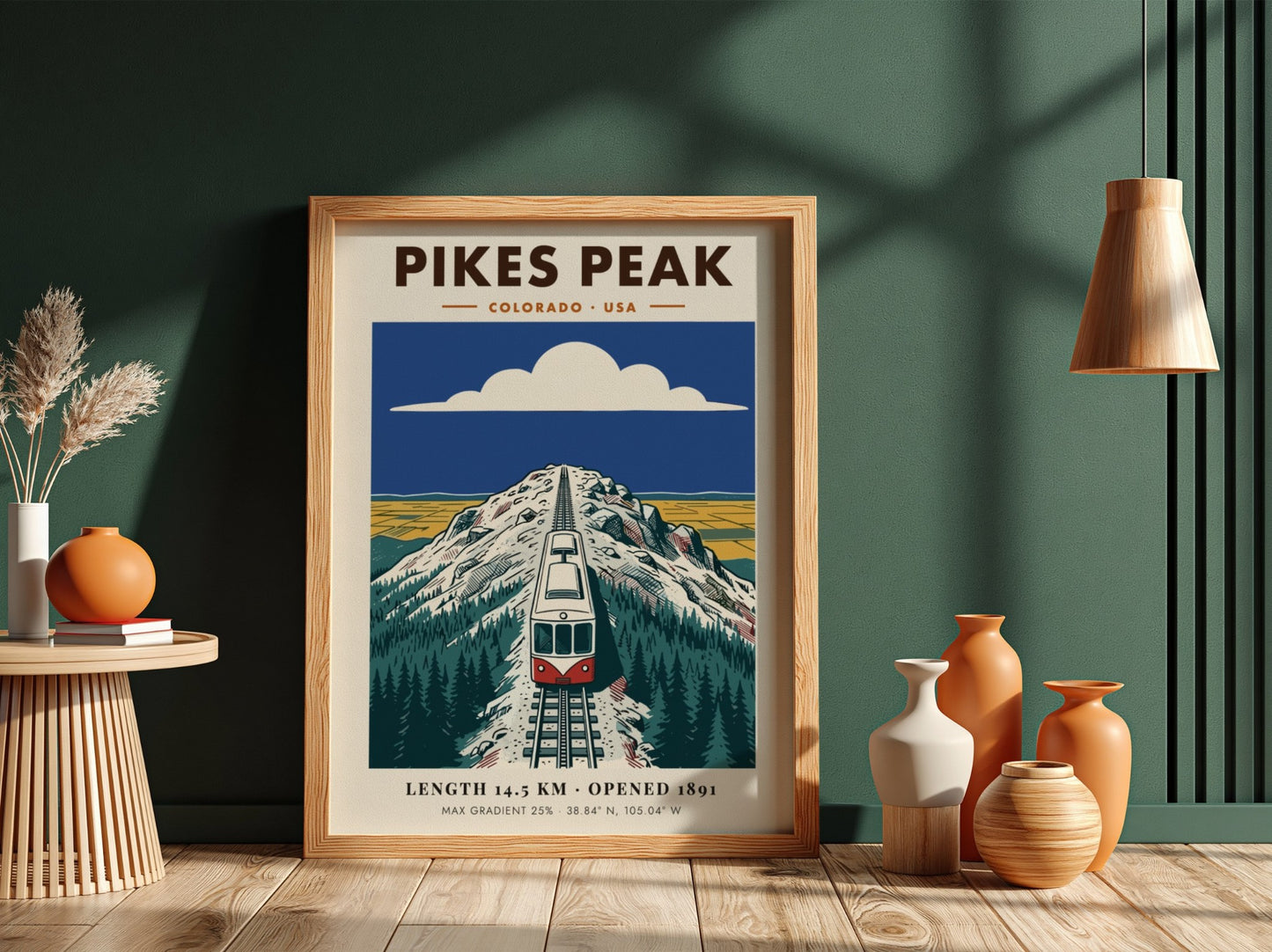Poster of a red and white cog train ascending the snowy Pikes Peak mountain.