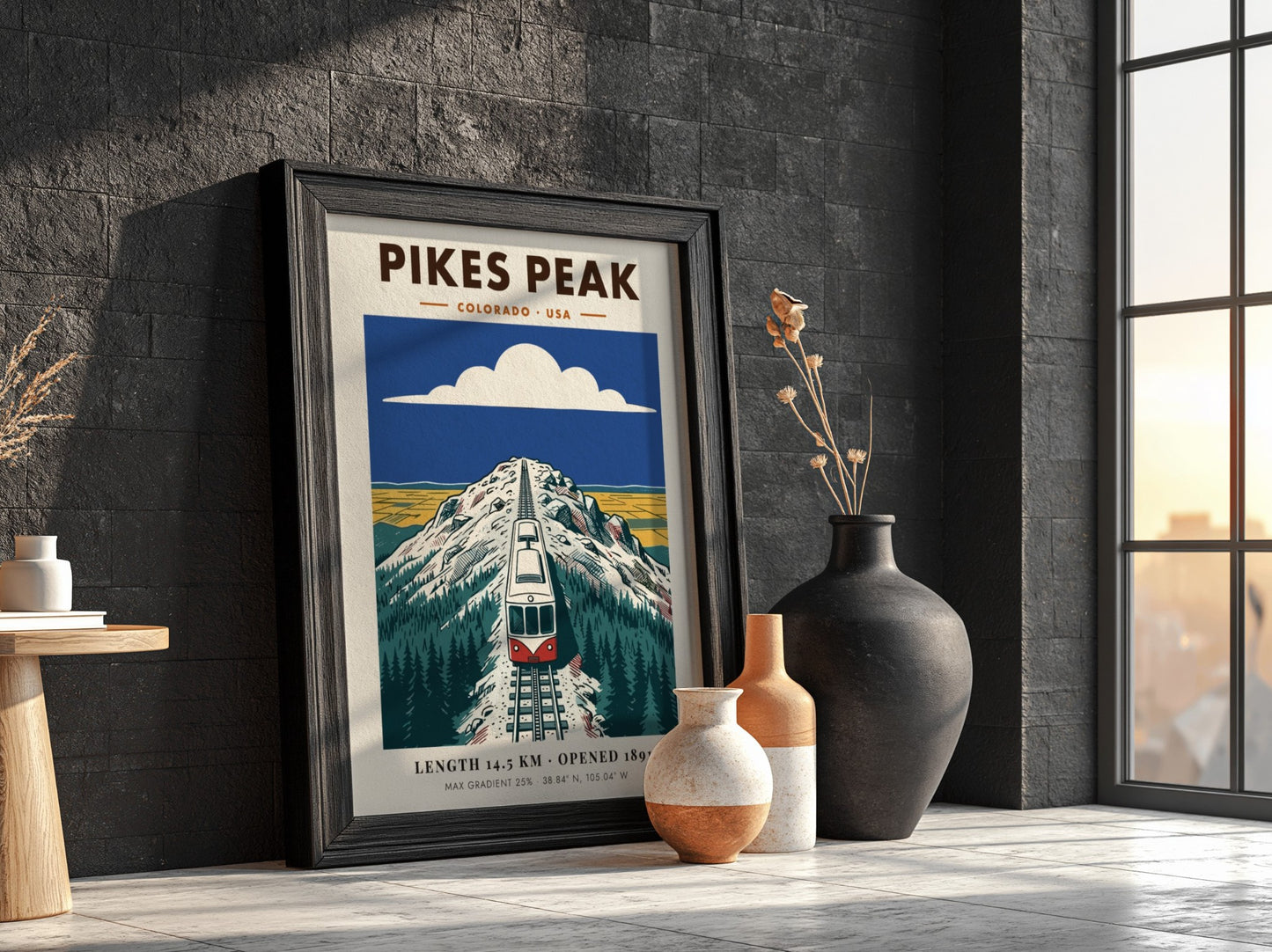 Poster of a red and white cog train ascending the snowy Pikes Peak mountain.