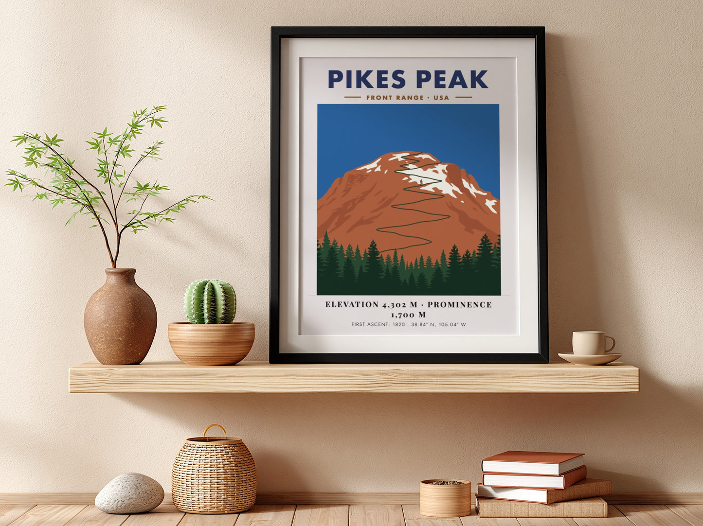 Poster of Pikes Peak featuring a winding road through a mountain landscape illustration.
