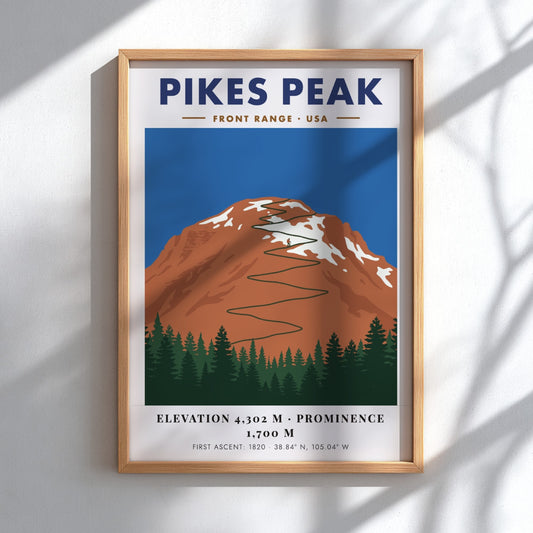 Poster of Pikes Peak featuring a winding road through a mountain landscape illustration.