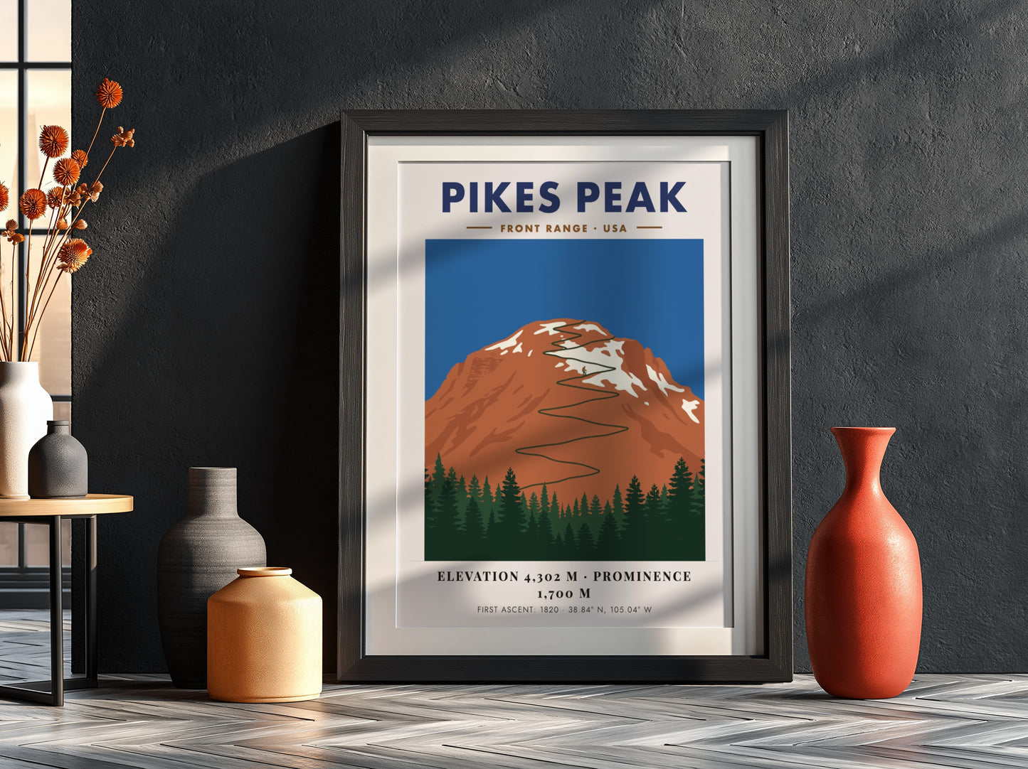 Poster of Pikes Peak featuring a winding road through a mountain landscape illustration.