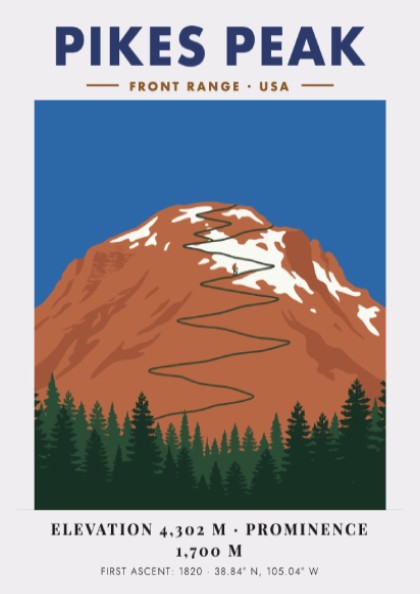 Poster of Pikes Peak featuring a winding road through a mountain landscape illustration.