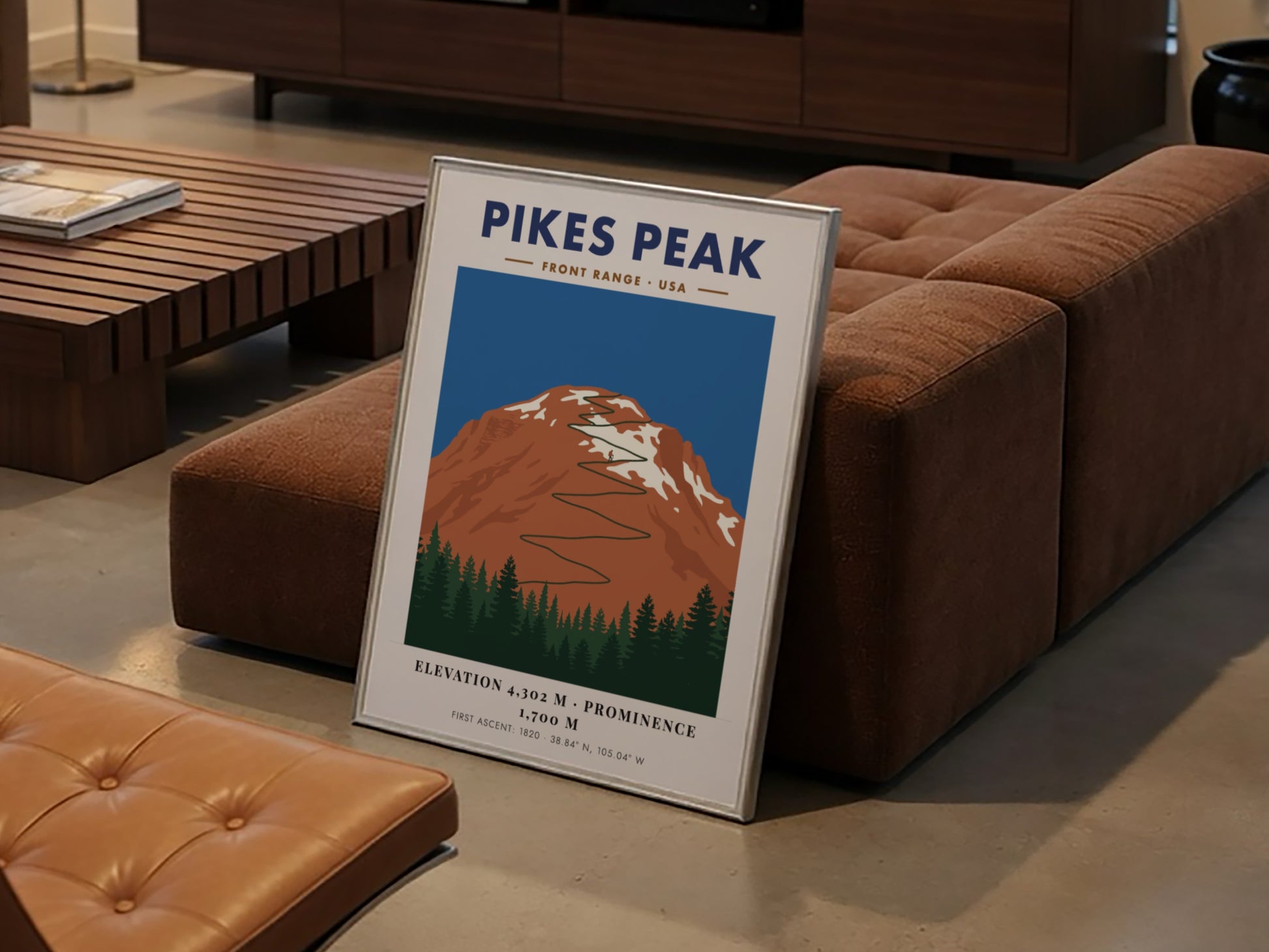 Poster of Pikes Peak featuring a winding road through a mountain landscape illustration.