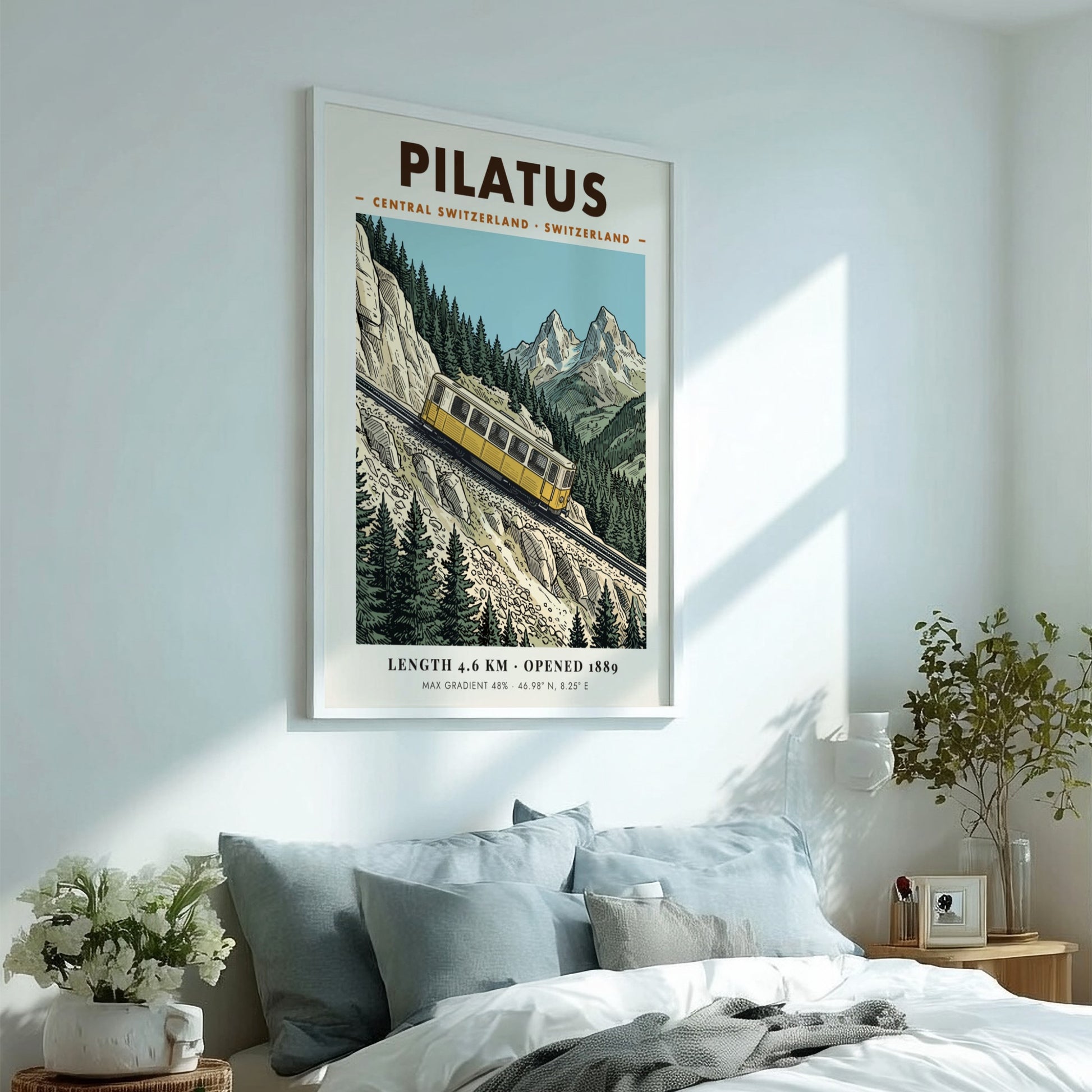 Poster of a yellow Pilatus train climbing a steep mountain with rocky peaks.