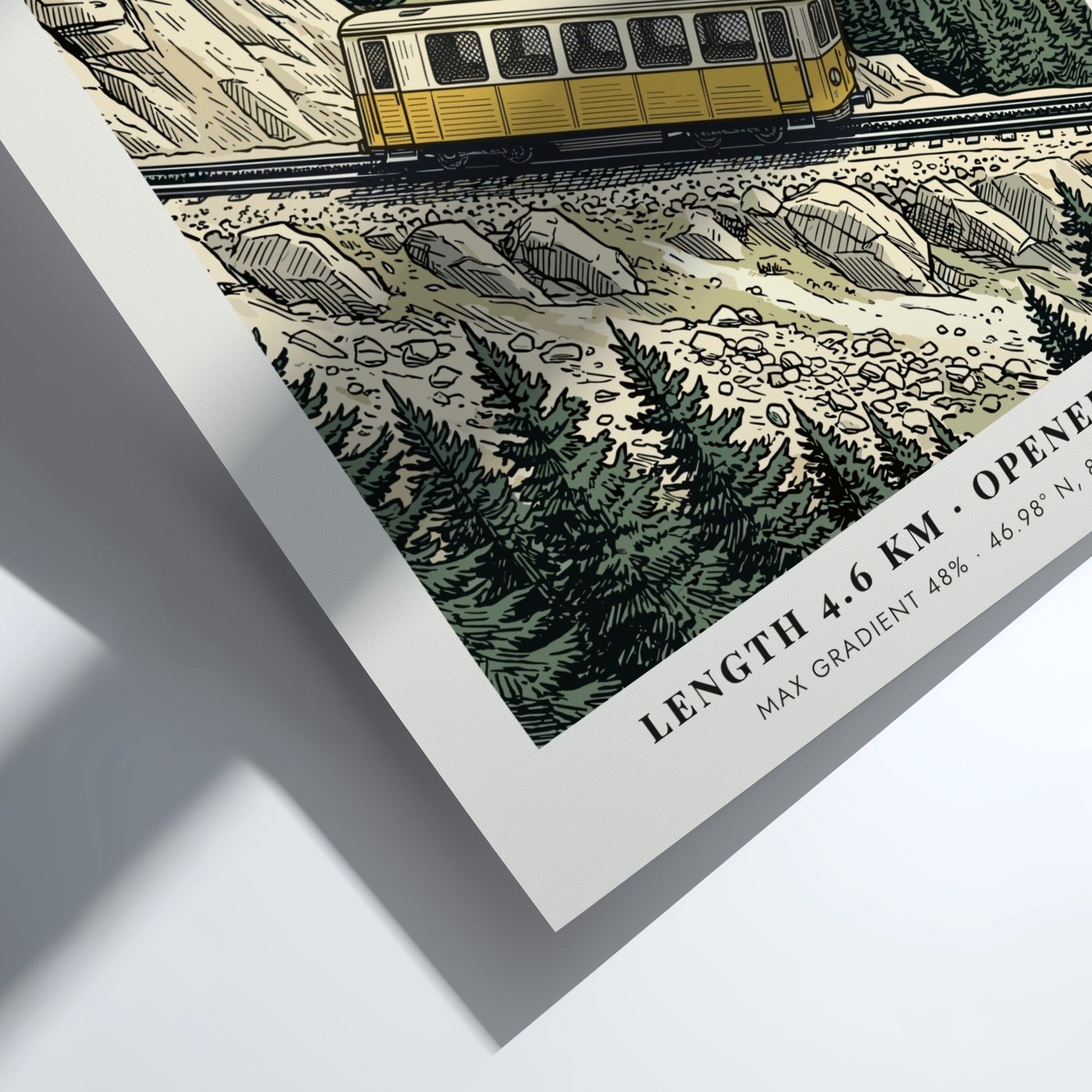Poster of a yellow Pilatus train climbing a steep mountain with rocky peaks.