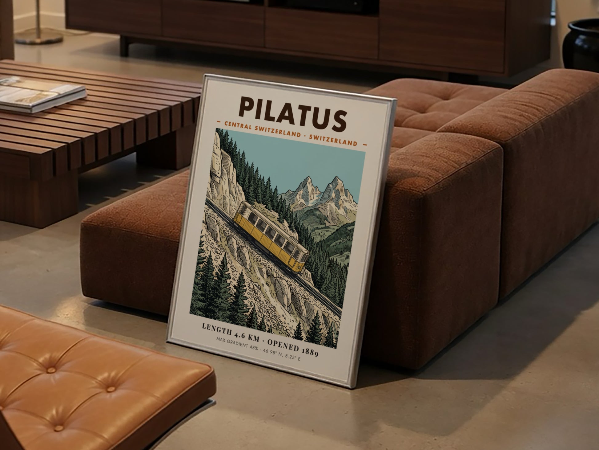 Poster of a yellow Pilatus train climbing a steep mountain with rocky peaks.