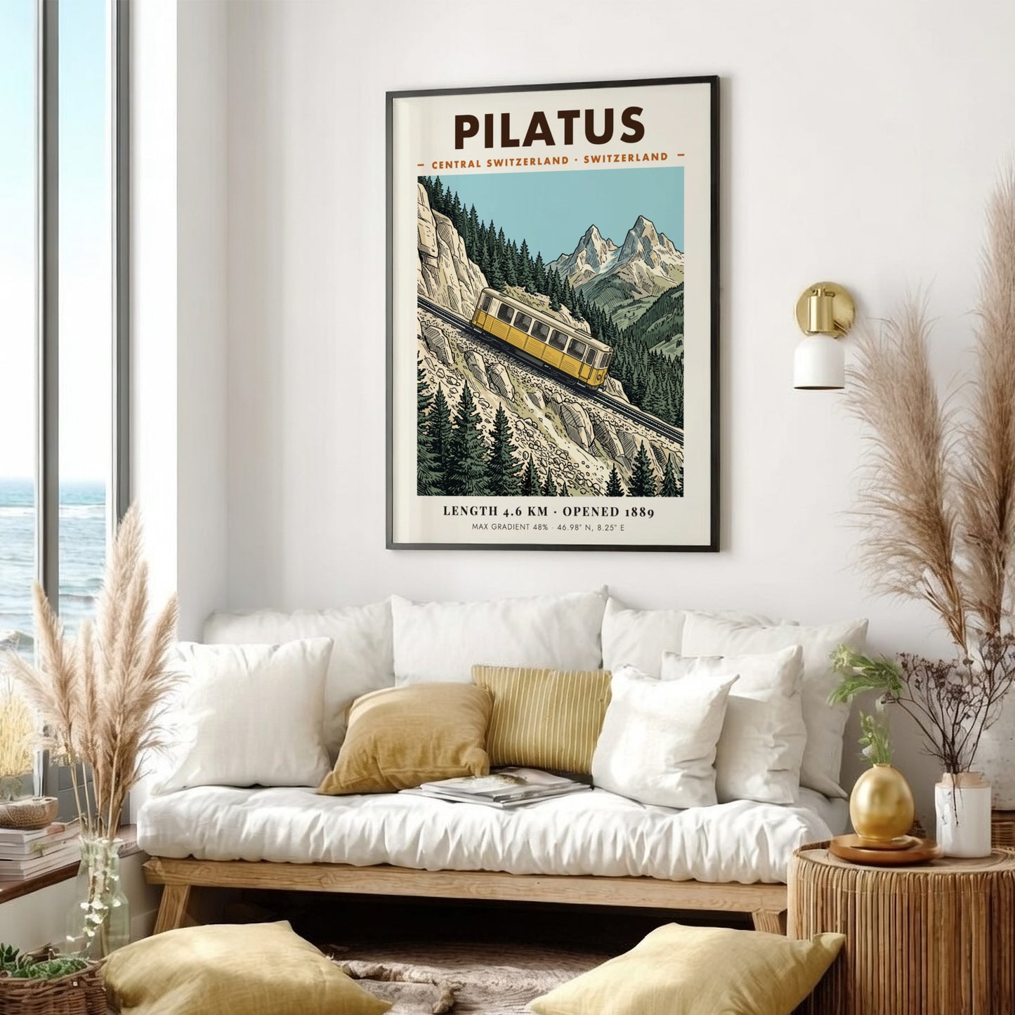 Poster of a yellow Pilatus train climbing a steep mountain with rocky peaks.