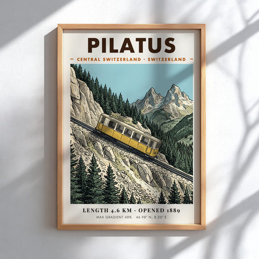 Poster of a yellow Pilatus train climbing a steep mountain with rocky peaks.