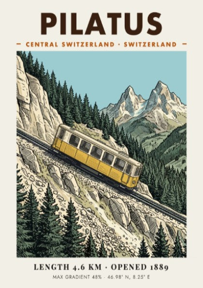 Poster of a yellow Pilatus train climbing a steep mountain with rocky peaks.