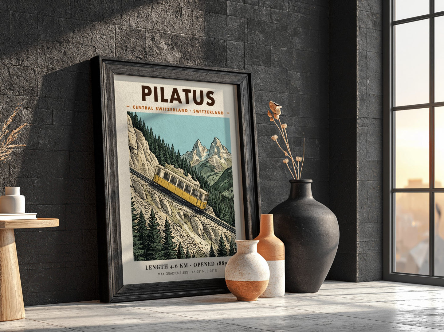 Poster of a yellow Pilatus train climbing a steep mountain with rocky peaks.