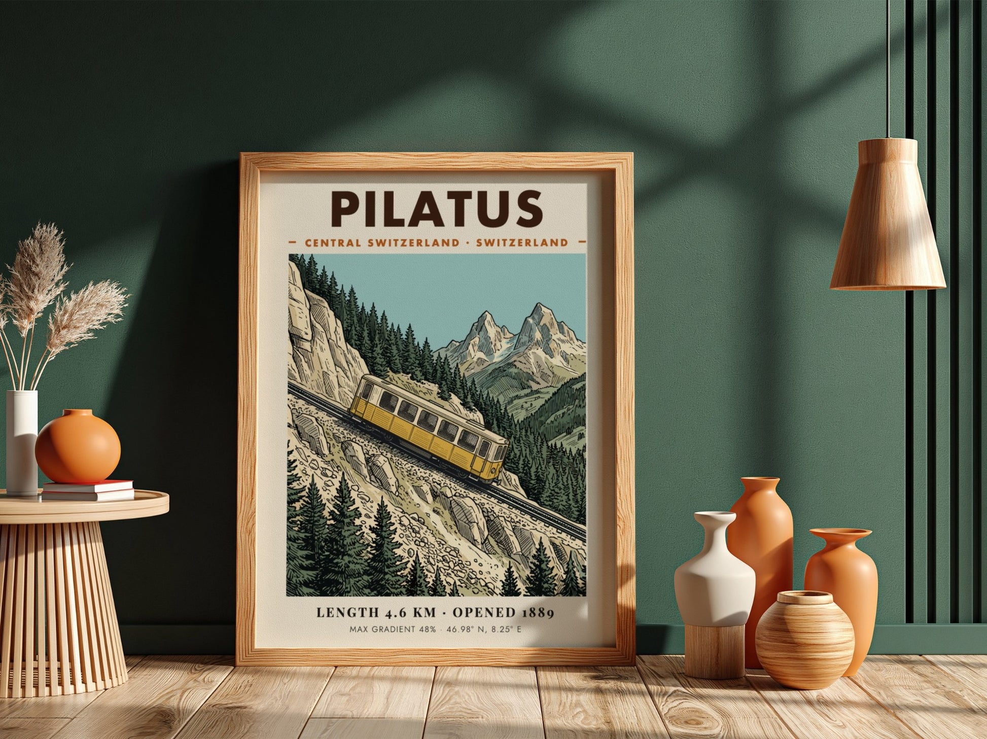 Poster of a yellow Pilatus train climbing a steep mountain with rocky peaks.