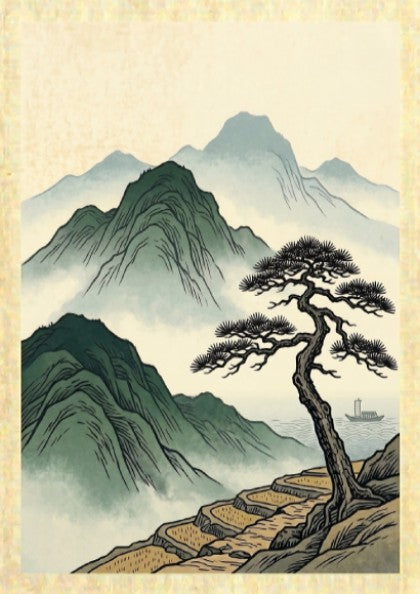 Japanese art poster featuring a misty pine cliffside scene in soft colors