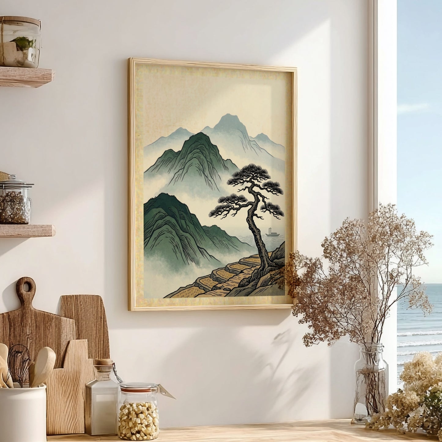 Japanese art poster featuring a misty pine cliffside scene in soft colors