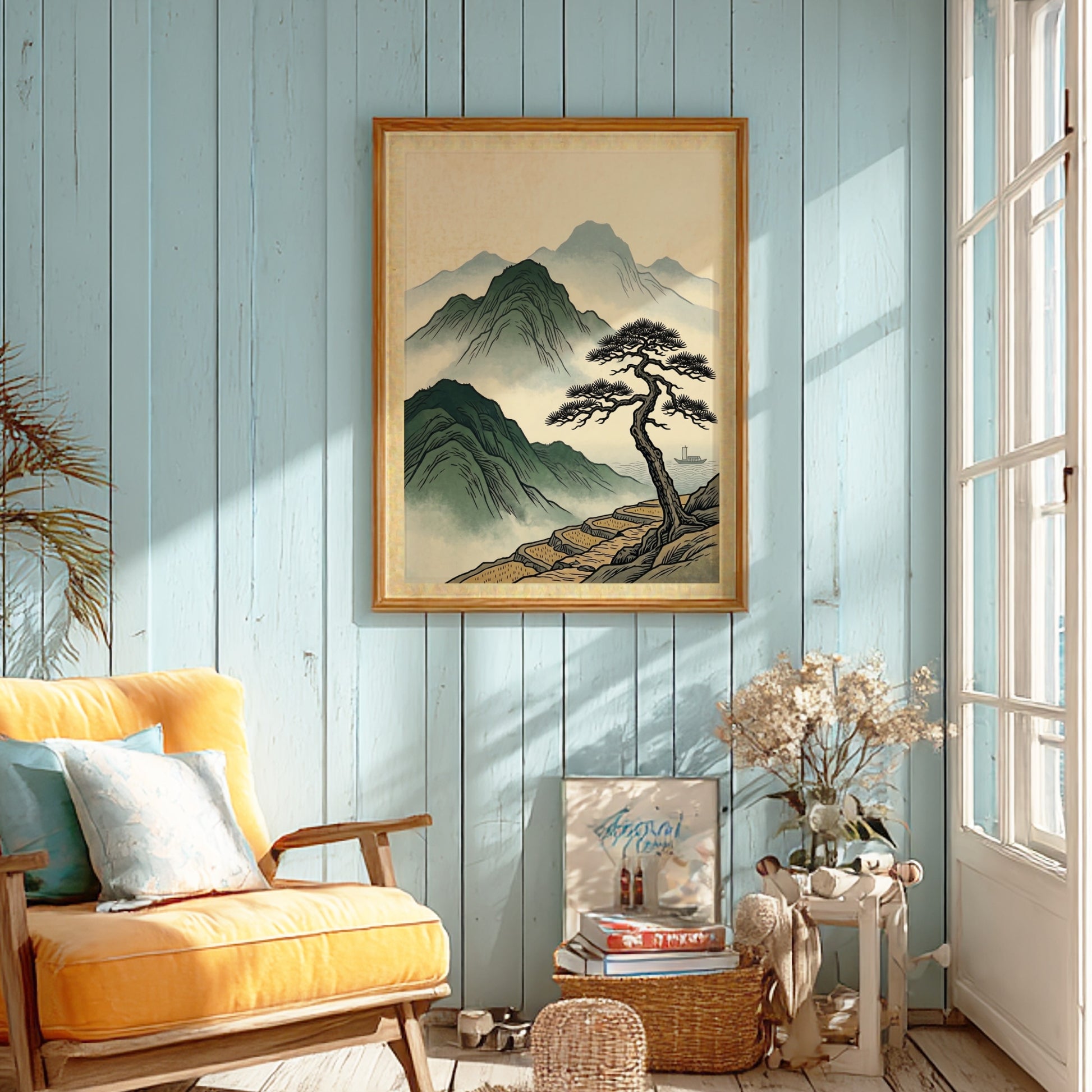 Japanese art poster featuring a misty pine cliffside scene in soft colors