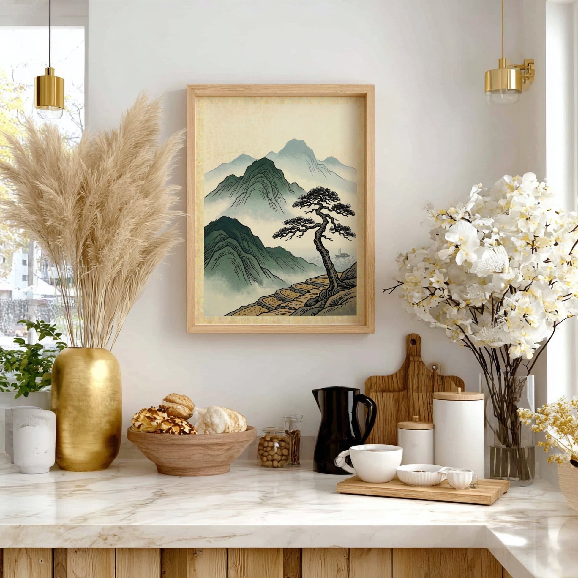 Japanese art poster featuring a misty pine cliffside scene in soft colors