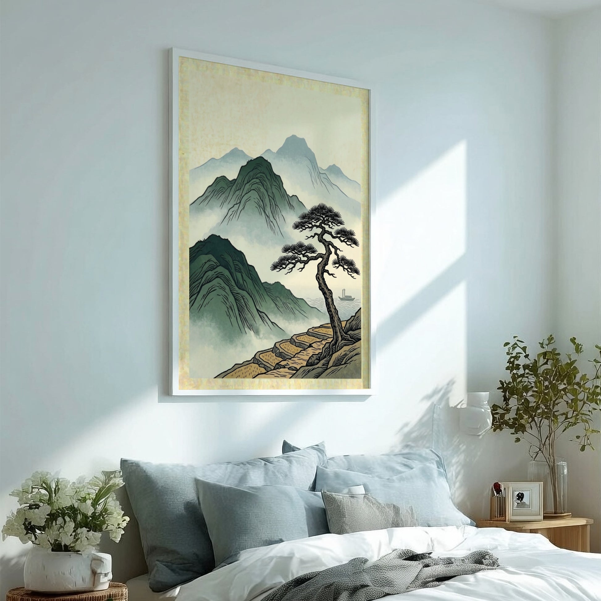 Japanese art poster featuring a misty pine cliffside scene in soft colors