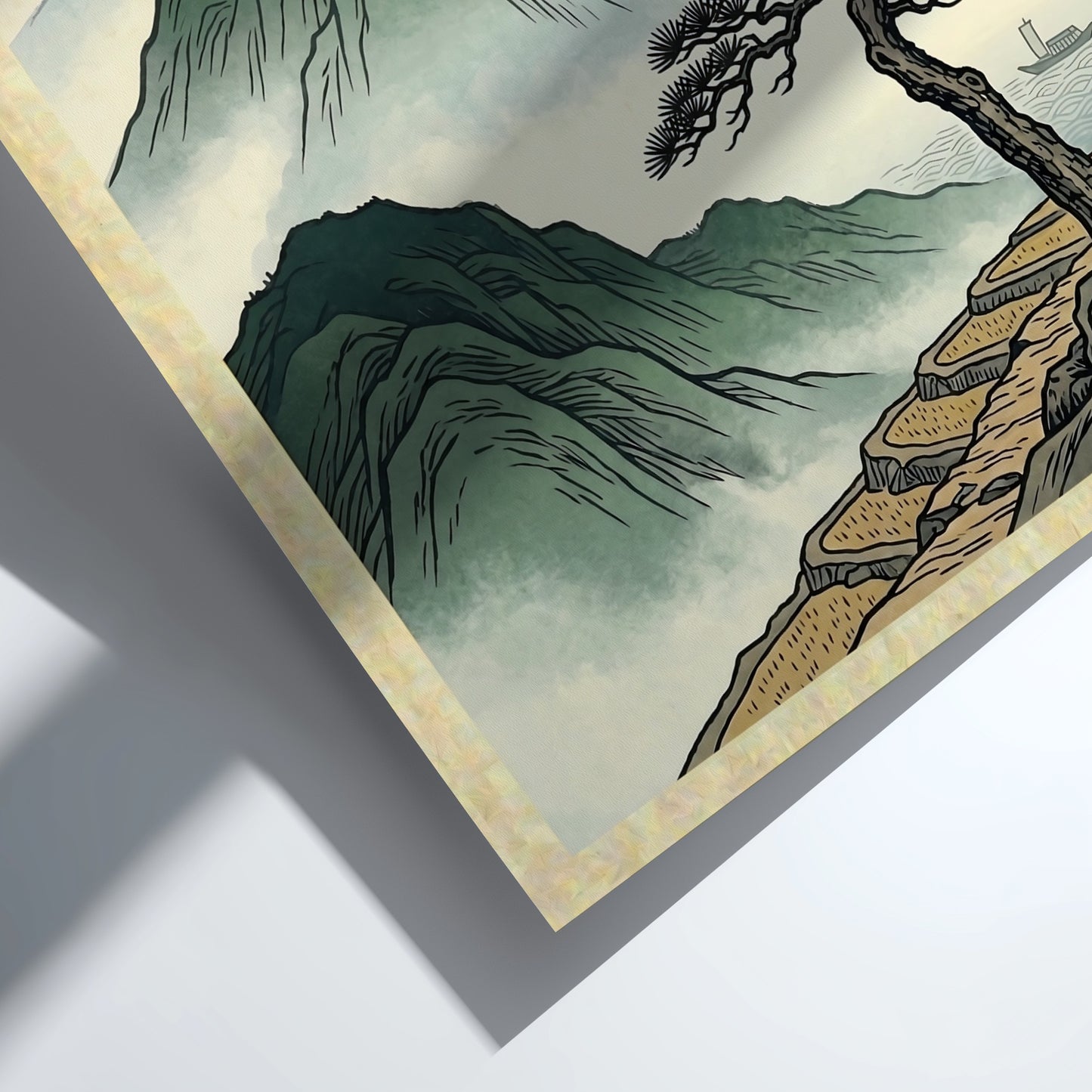 Japanese art poster featuring a misty pine cliffside scene in soft colors