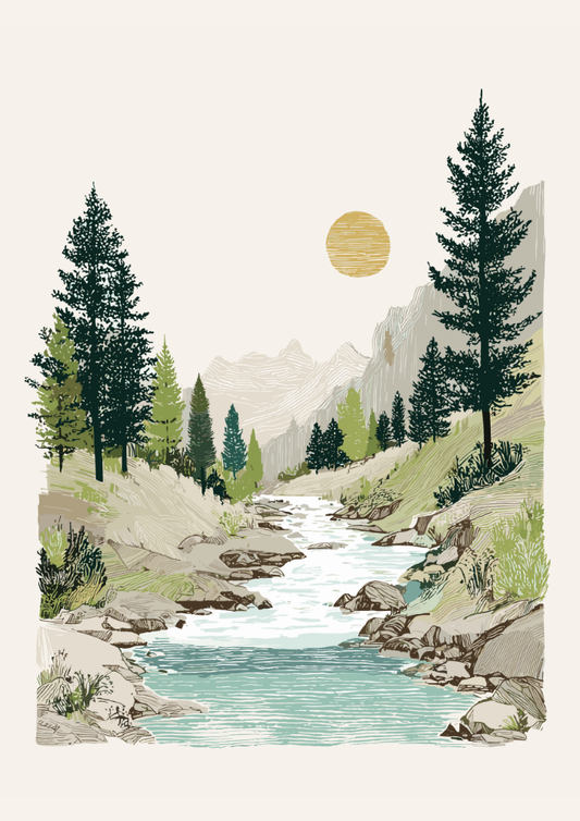 Illustration of a serene landscape with a stream, trees, and mountains.