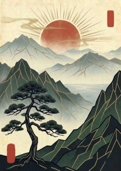 Japanese art style poster featuring a pine tree and red sun over mountains