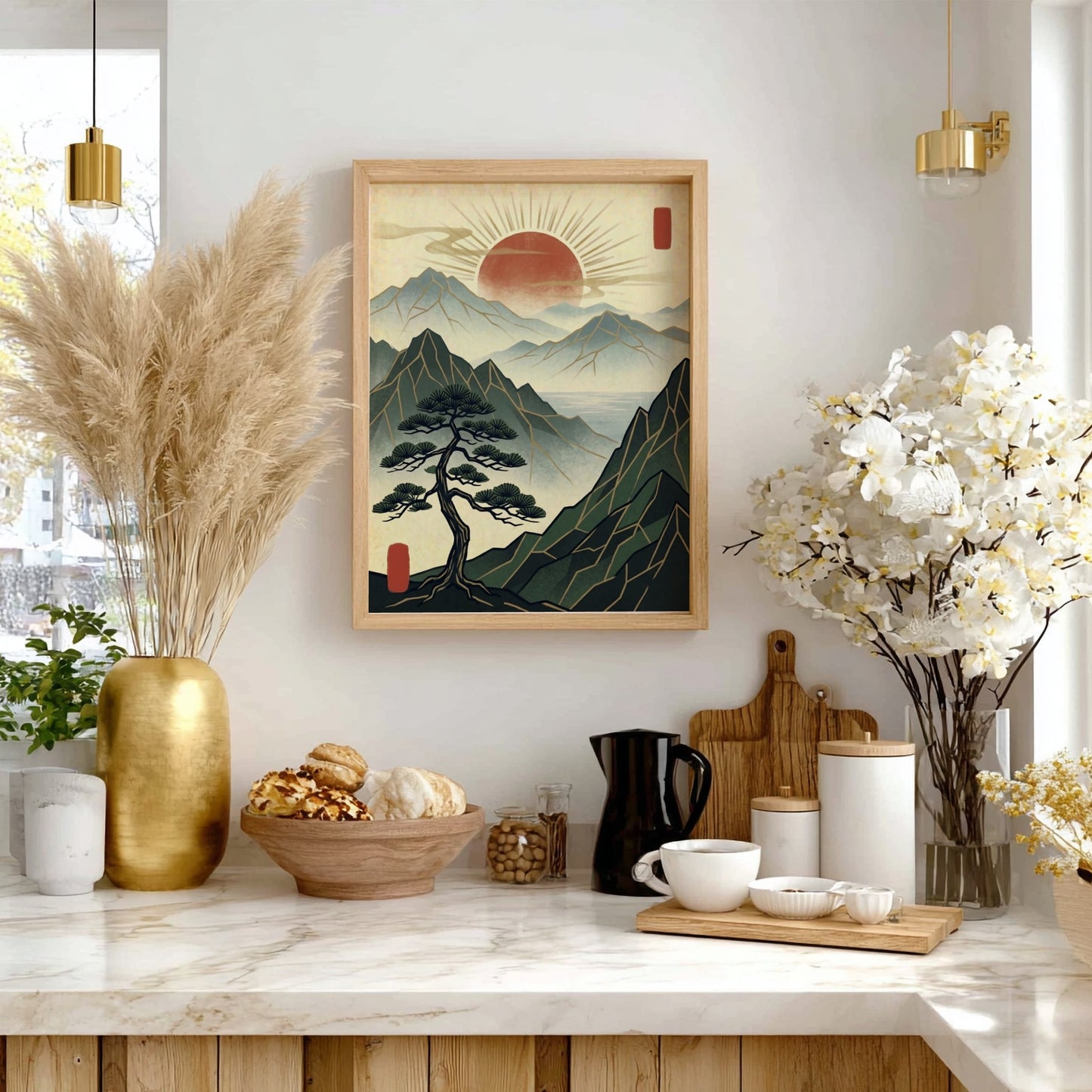 Japanese art style poster featuring a pine tree and red sun over mountains