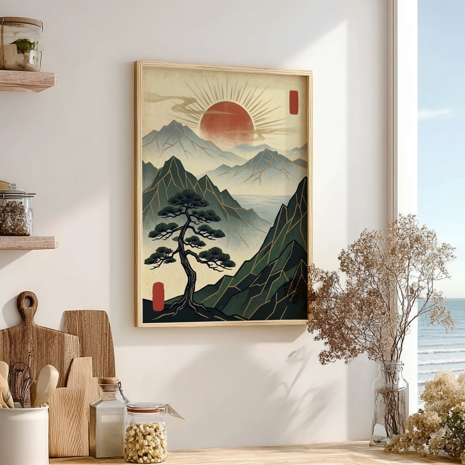 Japanese art style poster featuring a pine tree and red sun over mountains