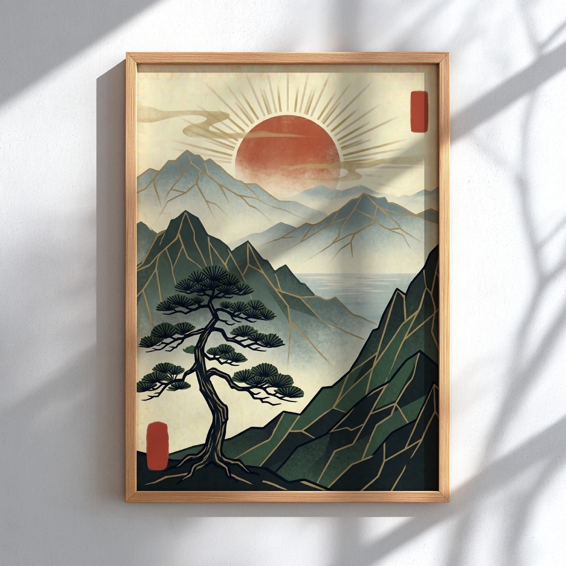 Japanese art style poster featuring a pine tree and red sun over mountains