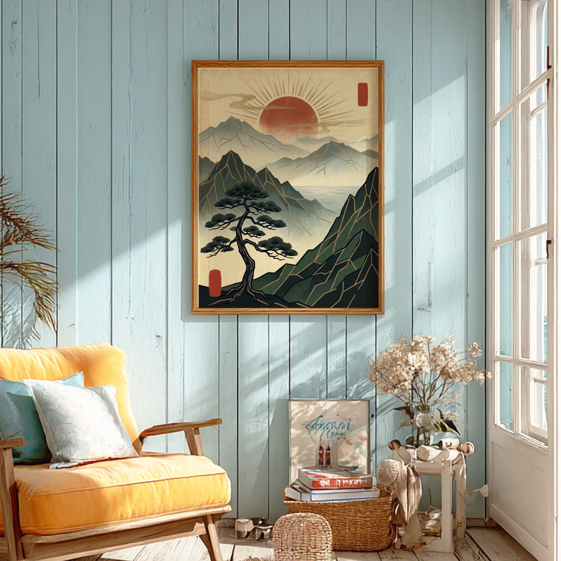 Japanese art style poster featuring a pine tree and red sun over mountains